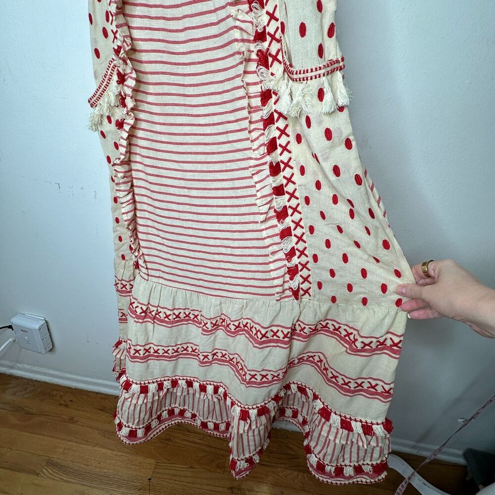 DODO BAR Tan & Red Stripe Polka Dot Ruffle Fringe Maxi Boho Resort Dress S - Picture 5 of 14